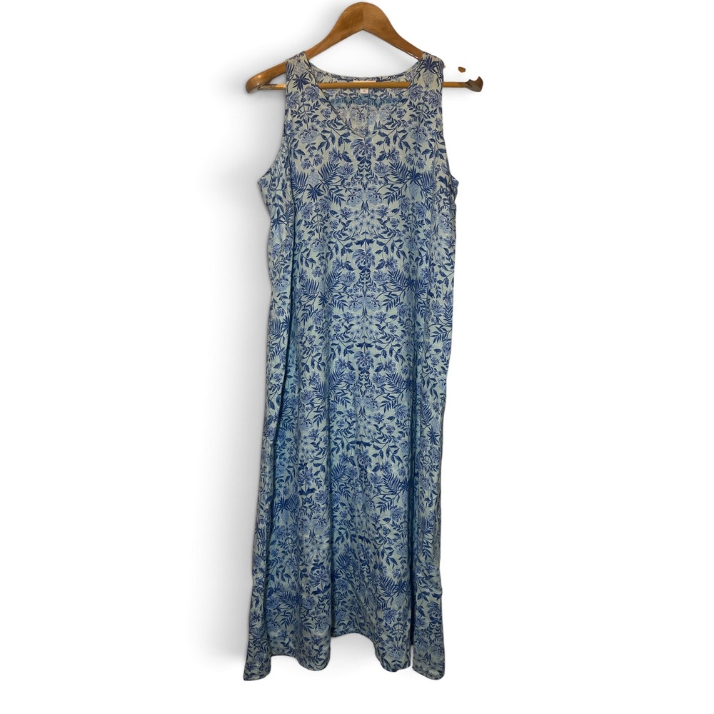 J.Jill Love Linen Blue Floral Maxi Dress Petite M Sleeveless Pockets Boho Resort
